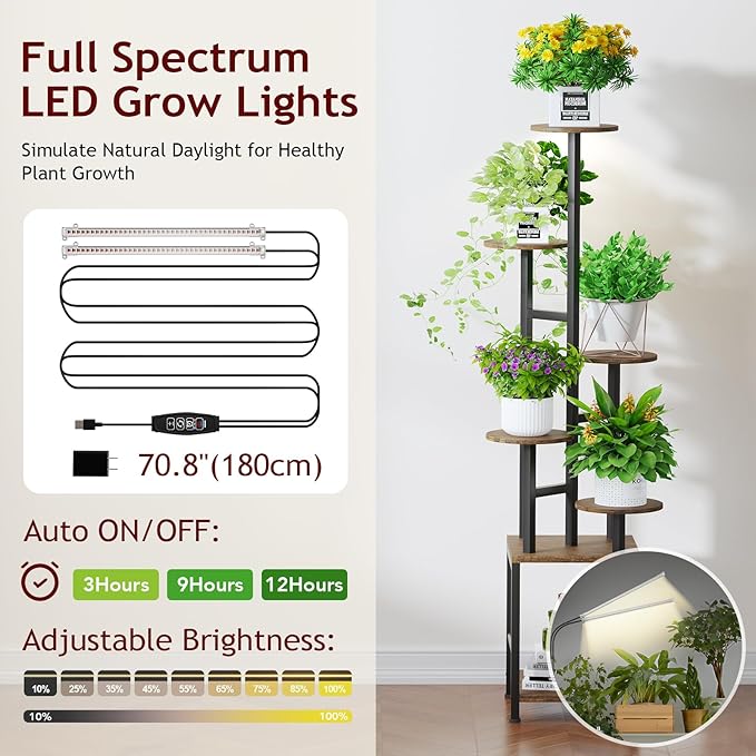 Plant Stand Indoor with Grow Light,6-Tiered Tall Plant Stand Indoor, Metal Plant Shelf with Adjustable Light, Ideal for Living Room, Garden, Patio (Black Brown)