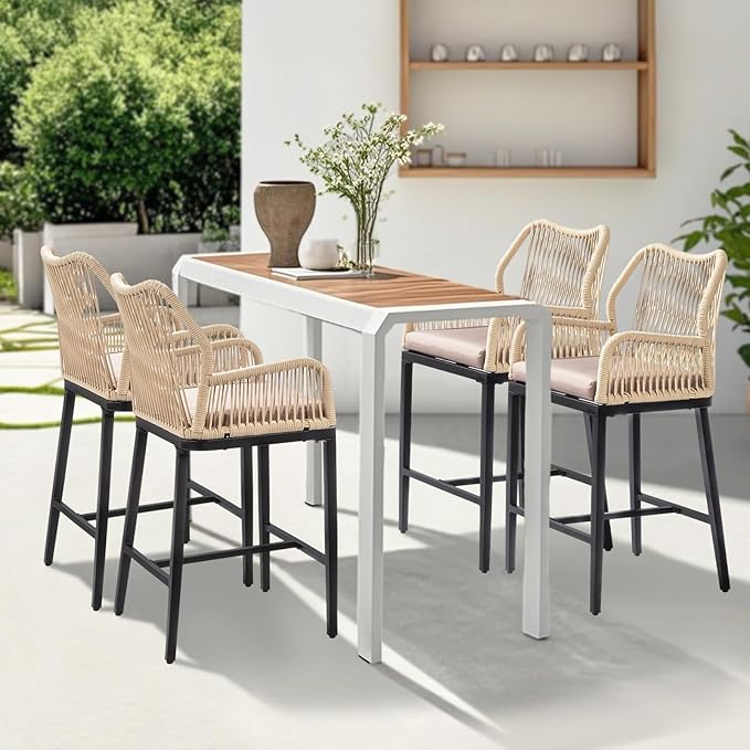 VINGLI Outdoor Counter Height Bar Stools Set of 4, Rattan Outdoor Barstools Boho Woven Patio Bar Stools with Backrest, Aluminum Frame Patio Garden Balcony Pool Bar Chair (4 PCS)