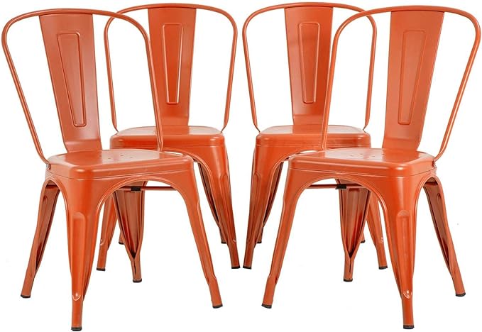 FDW | Set of 4 Metal Dining Chairs | Orange | Stackable Tolix Side Chairs with Backrest | Scratch-Resistant | Non-Slip Feet | Indoor/Outdoor Use | 330 lbs Capacity | Ideal for Kitchen & Restaurant