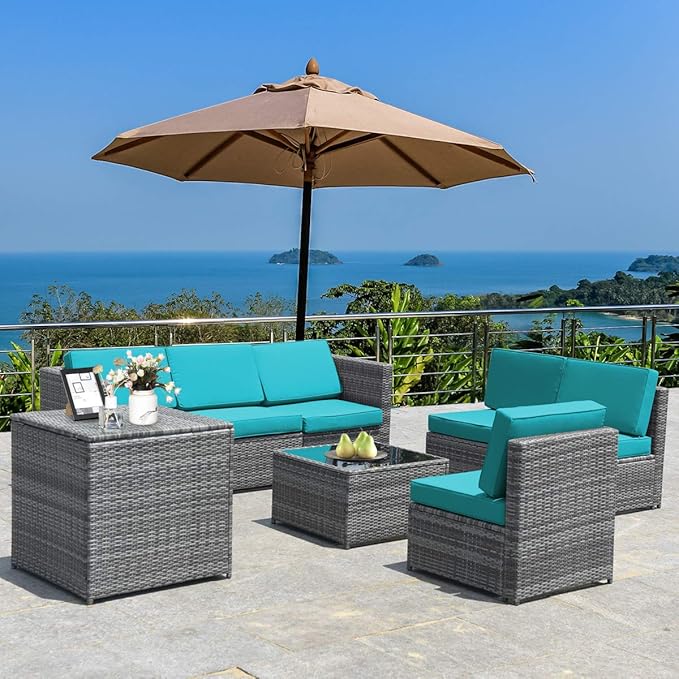 Tangkula 8 Pieces Wicker Patio Furniture Set with Storage Deck Box, PE Rattan Outdoor Sectional Conversation Set with Coffee Table & Cushions, Outside Furniture for Garden Yard Poolside (Turquoise)