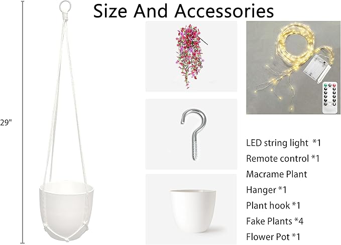 Comtelek Artificial Flowers for Outdoors Fake Hanging Plants with Lights, 4pcs Silk Flowers UV Resistant Realistic Hanging Planter Faux Flower for Outside Porch Patio Home Garden Yard Decor