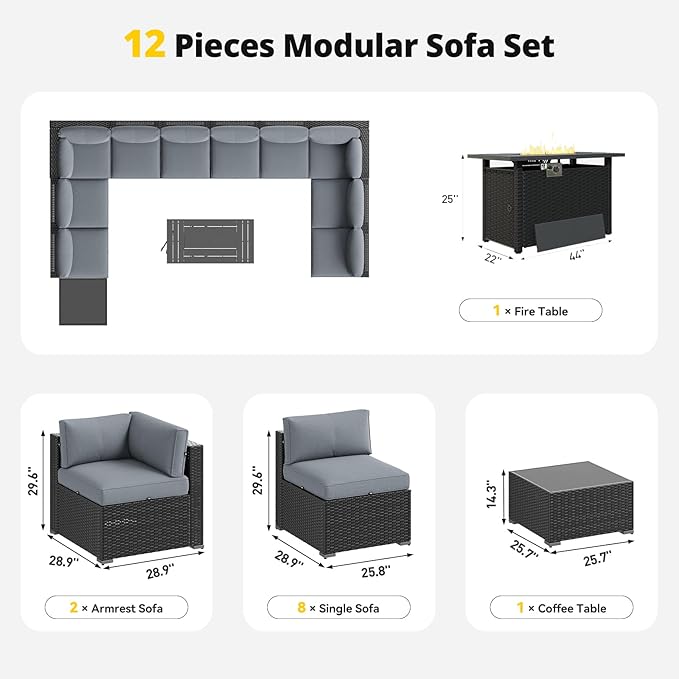 Aoxun Patio Furniture Set with Fire Pit Table, 12 Piece Outdoor Sectional Sofas, 10 Seats Wicker Rattan Outdoor Furniture with Thickened Cushion for Backyard, Garden Light Grey