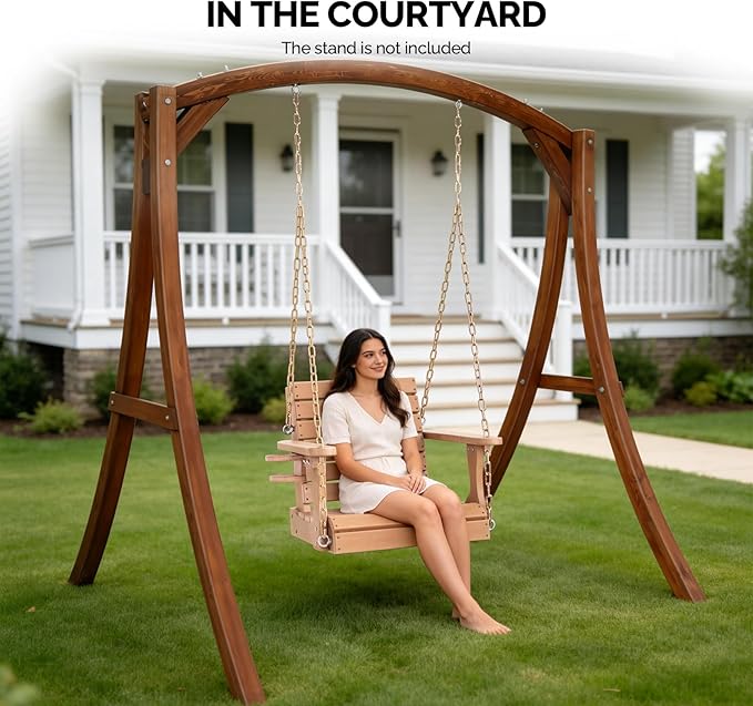 VINGLI Heavy Duty 880 LBS HDPE Porch Swing Outdoor with Rotatable Cup Holder, with Adjustable Chains, 1 Person Hanging Porch Swing Chair for Porch, Yard, Tree, Garden - Teak