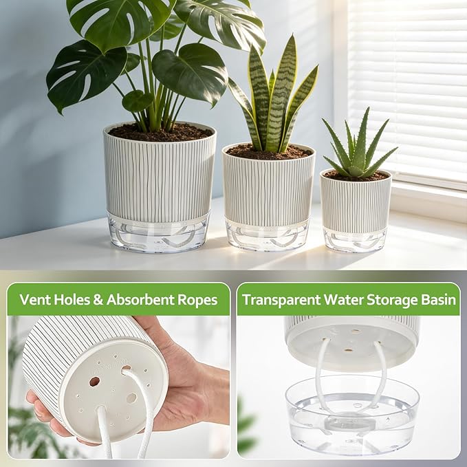 3 Pack Self Watering Pots for Indoor Plants, 4+5.5+6.3 Inch Self Watering Plant Pots, Flower Pots with Wick Rope and Reservoir - Black Stripes
