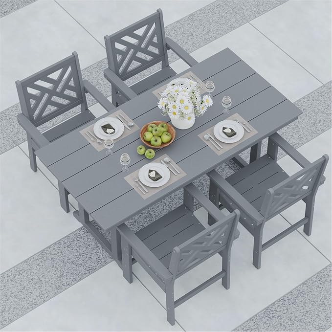 5-Piece Outdoor Dining Set, HDPE All-Weather Patio Table and Chairs Set for 4, Outdoor Patio Furniture Sets with Umbrella Hole for Outside, Deck, Backyard, Garden (Grey)