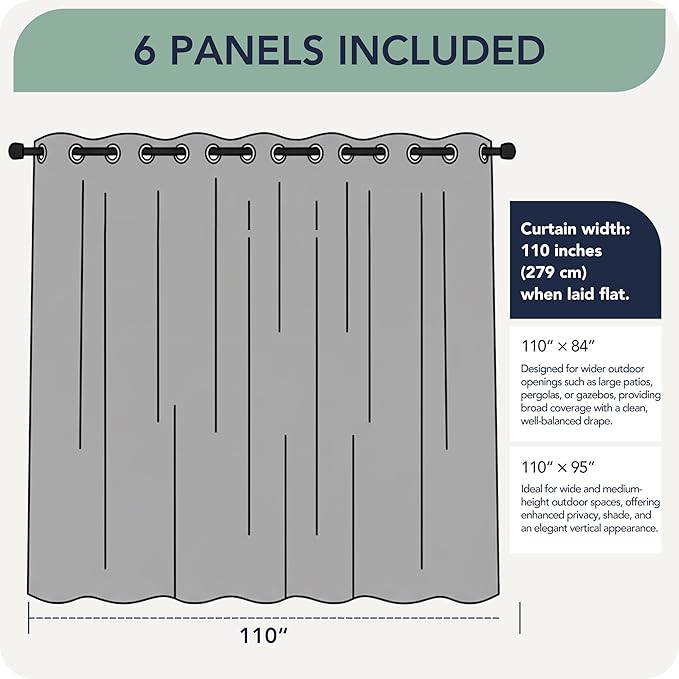 Gazebo Curtains Outdoor Waterproof 6 Panels - Windproof, Privacy, Weatherproof Outside Drapes for Patio Pergola Porch, Grommet Top and Tab Bottom Drape, 110x84 Inch, Cream