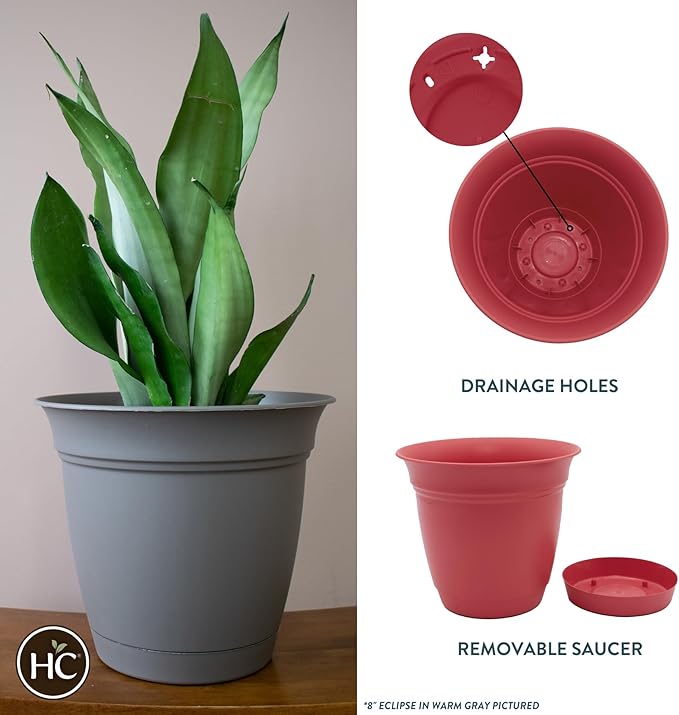 The HC Companies 8 Inch Eclipse Round Planter Pots with Drainage Holes & Attached Saucer, Lightweight UV-Resistant Plastic Indoor & Outdoor Planters, 6-Pack Flower Pots for Garden & Home Decor, Rose