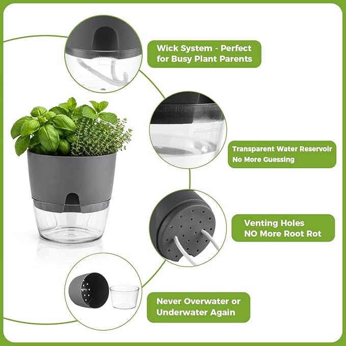 Planterhoma 5 Pack Self Watering Pots for Indoor Plants, 9 Inch Plant Pot Plastic Self Watering Planter for Orchid, Monstera, Lily, Large Clear Flower Pots with Drainage Holes and Wicking Rope, Gray