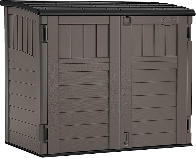 Suncast 34 Cu Ft Horizontal Resin Storage Shed - Outdoor Storage Shed with Floor Included, Lockable, Weatherproof, Fits Small to Medium Trash Cans, Generators, & Garden Tools, Stoney Black