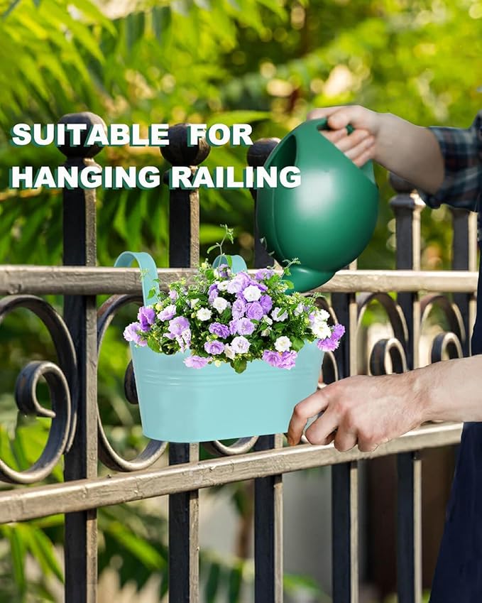 Railing planter box - 3 Pack Metal Hanging Flower Pots with Detachable Hooks & Drainage Holes, Window Oval Bucket Fence Hanging Planters for Outdoor Plants Garden Balcony Home Decor, Green Orange Blue