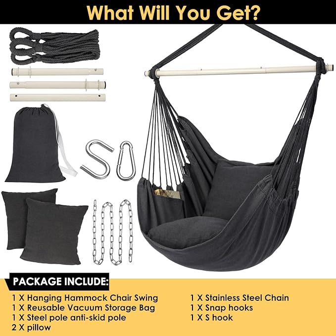 Y- STOP Hammock Chair Hanging Rope Swing Chair, Max 500 Lbs, 2 Seat Cushions Included, Removable Steel Spreader Bar with Anti-Slip Rings, Hardware kit-for Indoor Outdoor(Dark Grey) pcs