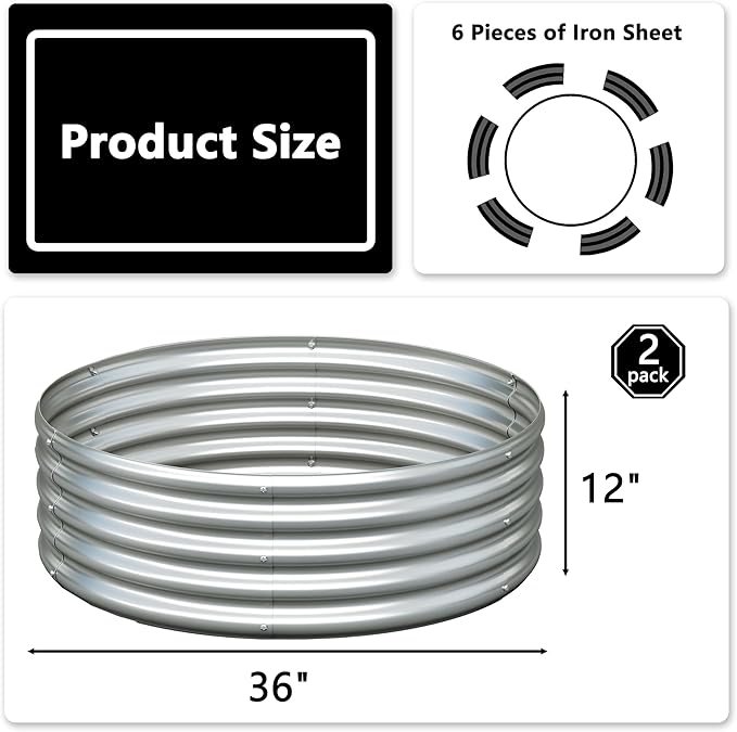 3x3x1ft(2 Pack) Galvanized Round Raised Garden Bed,Outdoor Planter Box Metal Patio Kit Planting Bed for Vegetables Flowers Herb,Silver