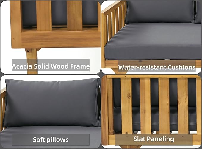 Merax Outdoor 3 Seater Daybed, Acacia Wood Day Bed Couch Sofa with Cushions for Patio Backyard, Garden, Dark Grey + Brown