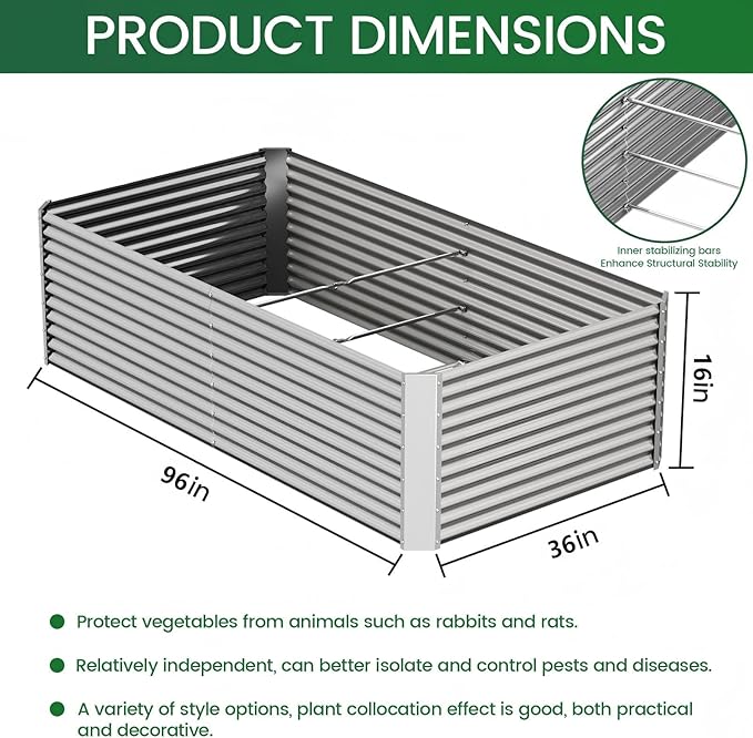 FRIZIONE 2pcs Tall 8x3ft Galvanized Raised Garden Bed Outdoor,Above Ground Garden Bed for Vegetable,Metal Raised Beds for Flower,Steel Raised Beds for Gardening