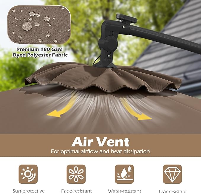 Tangkula 10ft Solar LED Patio Umbrella with Base, Offset Cantilever Outdoor Umbrella with 32 LED Lights, Infinite Tilt, 360 Degree Rotation, Crank Handle for Pool Deck Garden Backyard (Tan)