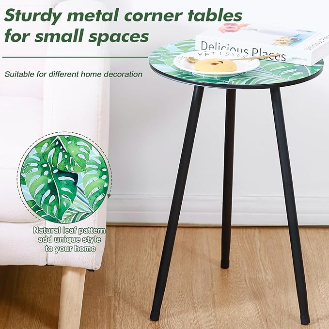 Metal Outdoor Side Tables Set of Two Small Outside Round End Table for Patio Modern Accent Garden Corner Table for Small Spaces, Balcony, Porch, Weather-Resistant, Plant Stand Indoor, Green Leaves
