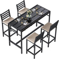 5 Piece Outdoor Patio Bar Set, 54.7" Rectangular Counter Height High Top Bar Tables, 4 Cushioned 41" Bar Stools, Metal Bar Table and Chairs Set for Poolside, Balcony, Backyard, Porch