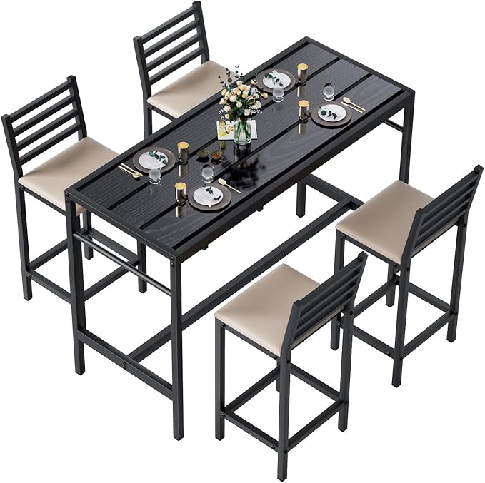 5 Piece Outdoor Patio Bar Set, 54.7" Rectangular Counter Height High Top Bar Tables, 4 Cushioned 41" Bar Stools, Metal Bar Table and Chairs Set for Poolside, Balcony, Backyard, Porch