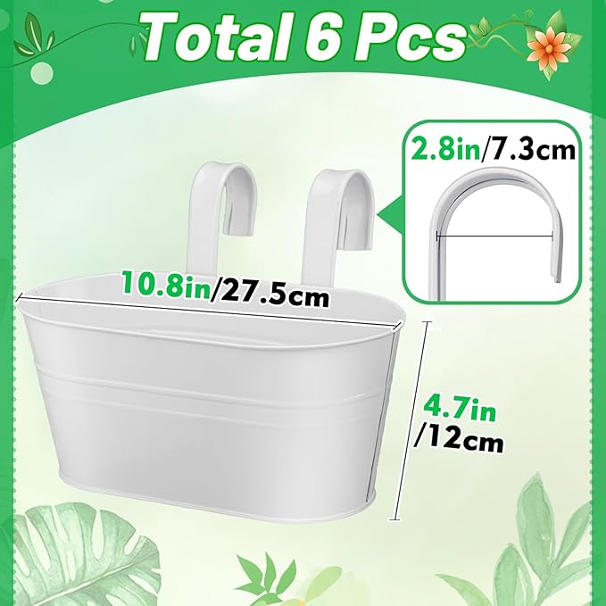 MADHOLLY Railing Planter with Drainage Holes - 6Pcs Sturdy Bucket Pots for Railing Fence, Countryside Style Metal Flower Pots for Herbs Balcony Garden Yard Decor, White