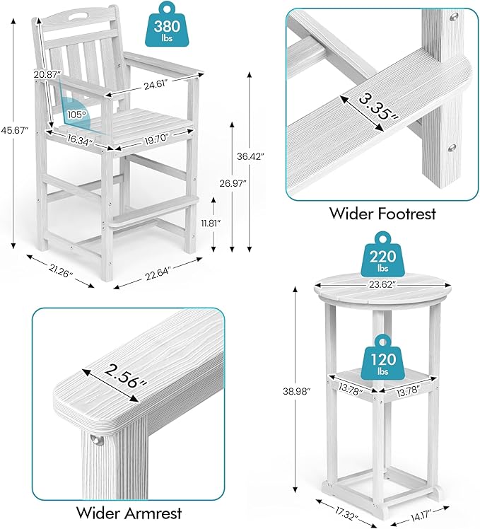 Ciokea 3-Pcs Bistro Table and Chairs, All-Weather Round High Top Bar Table with Storage Shelf and 2 Oversized Adirondack Chairs, Heavy Duty Outdoor Bar Set Patio Bistro Set for Balcony Deck, White