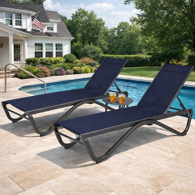 Kozyard Outdoor Chaise Lounge Chair, Full Aluminum Frame, Adjustable Reclining Patio Lounger for Poolside, Sunbathing & Backyard, Textilene (NavyBlue, 2Chairs + Table)