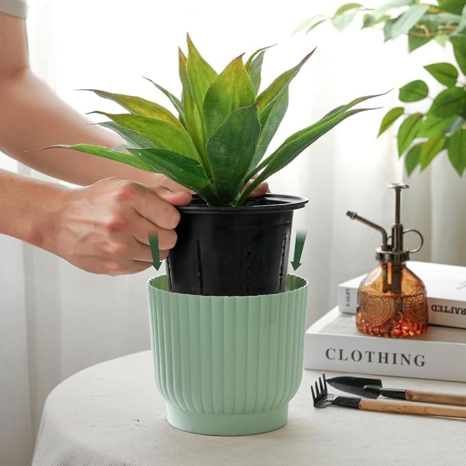 T4U 4 Inch Plant Pots Self Watering, 6 Pack African Violet Pots, Small Plant Pots for Plants, Small Indoor Plant Pot, Self Watering Planter for African Violet, Succulents (6 Pack 4" Pots, Green)
