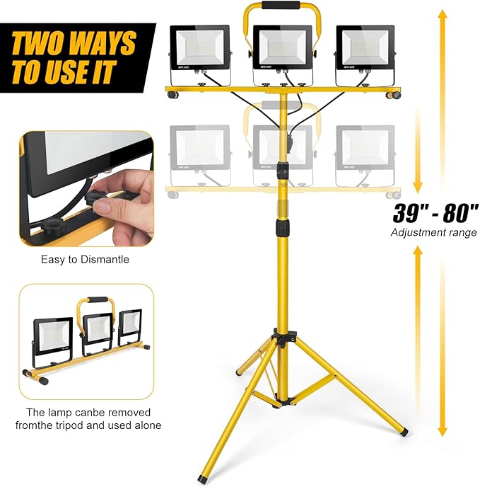 21000Lumen LED Work Lights with Stand - 3 Head Portable Work Light on Stand - IP66 Waterproof Tripod Worklights for Outdoor Indoor Job Site Workshop Garage Construction Site Lighting