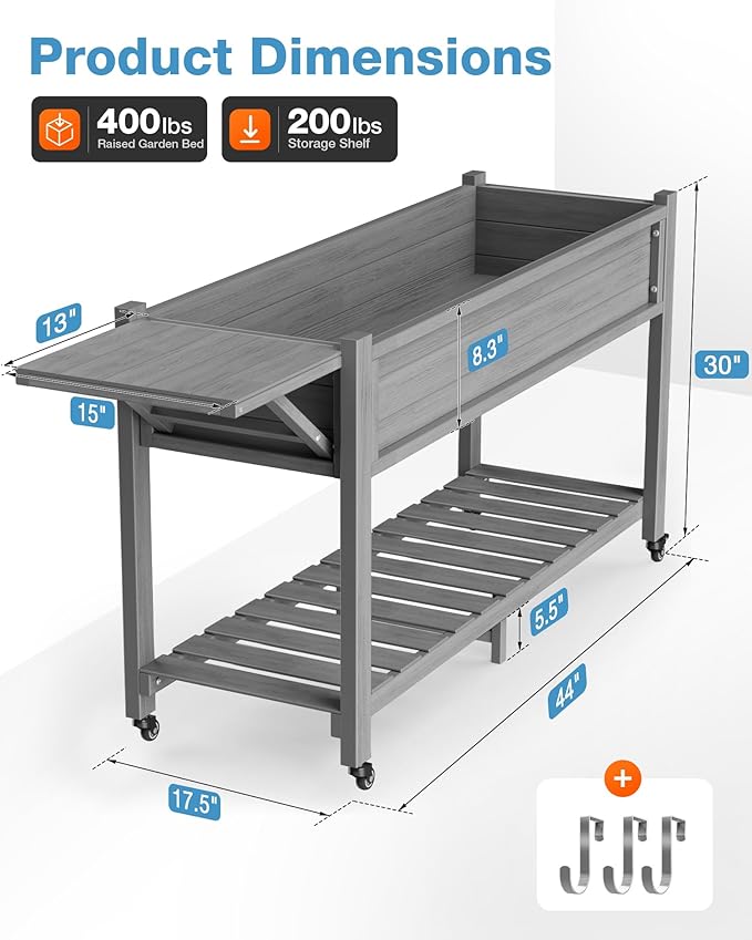 YEFU Raised Garden Bed with Legs: 57x18x30in Elevated Poly Planter with Wheels,Waterproof Mobile Raised Bed Garden, Elevated Planter Box Stand with Storage Shelf,for Deck,Patio,Porch,Yard (Grey,4pcs)