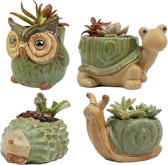 Small Ceramic Succulent Pot with Drainage, Animal Succulent Planter, 4.4 Inch Flower Pots, for Flower, Cactus, Mini Succulent Plants, Indoor and Outdoor use, Set of 4 Garden Gift