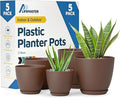 Planter Pots with Drainage Holes - Lightweight, Durable & Space-Saving Pots for Indoor and Outdoor - Versatile Functionality, Simple Modern Design, Set of 5 Plastic Planter Pots - Brown