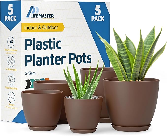 Planter Pots with Drainage Holes - Lightweight, Durable & Space-Saving Pots for Indoor and Outdoor - Versatile Functionality, Simple Modern Design, Set of 5 Plastic Planter Pots - Brown