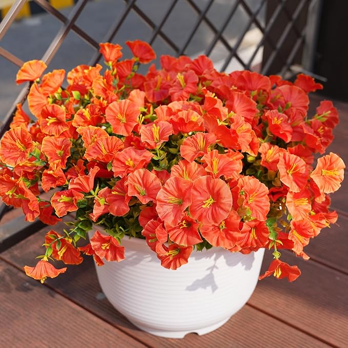Artificial Flowers for Outdoors, UV Resistant Fake Silk Morning Glory, Realistic Faux Plants for Outside Porch Patio Window Box Hanging Planter (16, Orange)