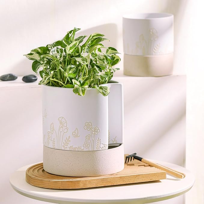 Nihow Self Watering Plant Pot: 8 Inch Ceramic Planter with Drainage Hole & Water Storage Plus for Indoor & Outdoor Plants - Cylinder Round Flower Pot for Succulent/Herbs/Violets - Nature & White