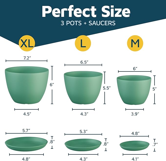 Mint Plant Pots with Drainage Holes & Saucers 3 Pack, Indoor & Outdoor Stackable Space-Saving Planters for Houseplants & Flowers, (7", 6.7", and 6" Inches), Durable & Weatherproof Materials