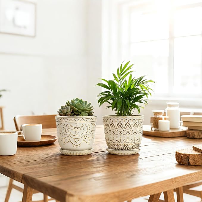 Gepege Beaded Ceramic Planter 6 Inch Set of 2 with Drainage Hole and Saucer for Plants, Indoor-Outdoor Large Round Succulent Orchid Flower Pot (Cream White, Inner-pots not Larger Than 5 Inch)