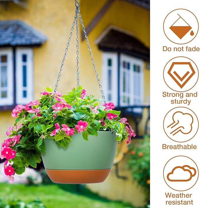 Mumufy 6 Pcs 8 Inch Hanging Planter for Indoor and Outdoor Plants Plastic Hanging Flower Pots with Drainage Hole and Removable Saucer Hanging Plant Holder Plant Hanging Basket (Mixed Colors)