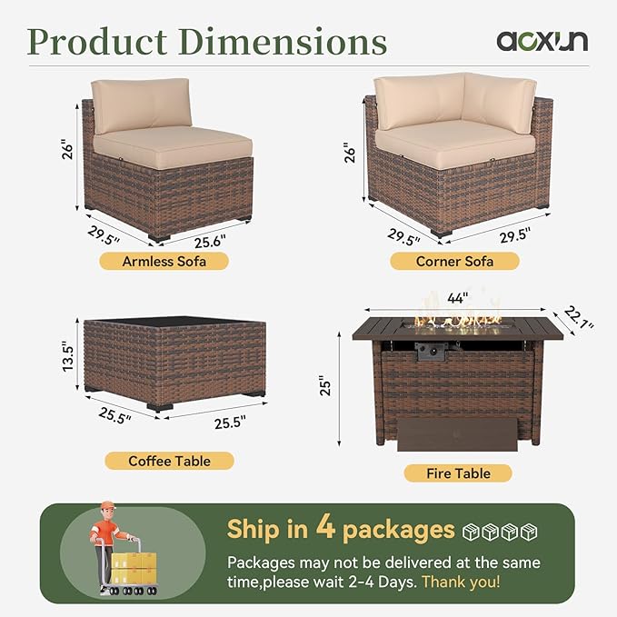 Aoxun 11 Piece Patio Furniture Set with 44” Fire Pit Table Wicker Rattan Outdoor Sectional Sofa Set with Coffee Table and Thickened Cushions, Beige (Waterproof Cover Included)