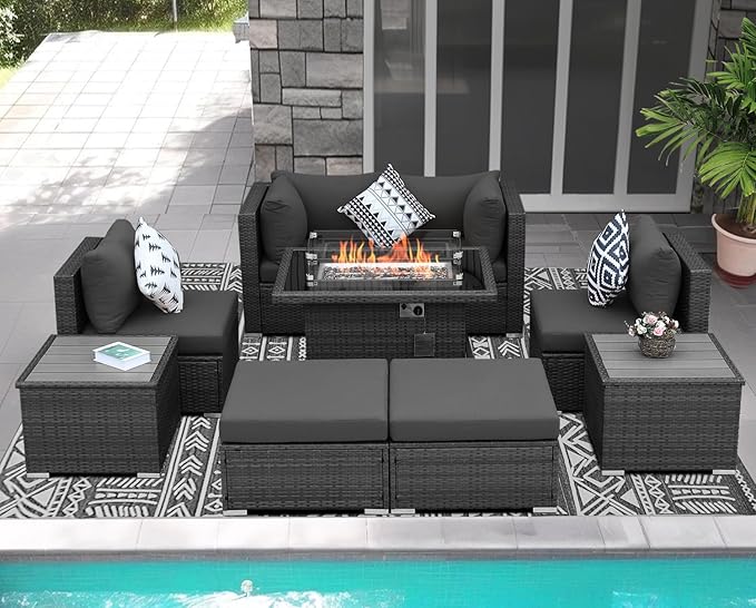 NICESOUL 9 Piece Outdoor Patio Garden Furniture Set with Fireplace Natural Gas/Propane, 29.3'' High Back Oversized Wicker Sectional Sofas, Deep Seating Couches for Outside Backyard Terrace, Gray