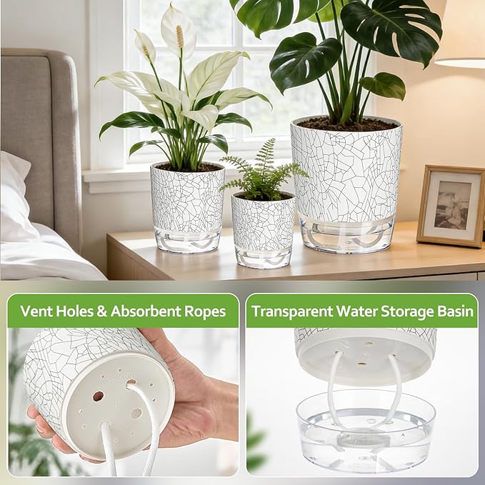 3 Pack Self Watering Pots for Indoor Plants, 4+5.5+6.3 Inch Self Watering Plant Pots, Flower Pots with Wick Rope and Reservoir - Crack Texture