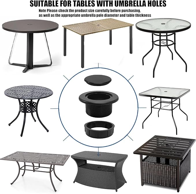 Patio Table Umbrella Hole Ring Plug Cap Set, Yard Parasol Table Hole Cover Insert Black Thicker Patio Table Hole Plug Ring for Cafes, Outdoor, Milk Tea Shops, Camping