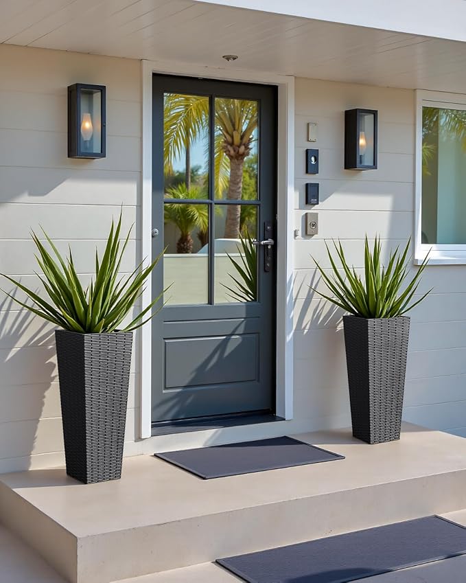 Greesum 24 Inch Tall Plastic Planters (Set of 2), Detachable Inner Pot & Drainage Holes, Outdoor Decorative Flower Pots for Large Plants, Trees, Patio, and Garden, Black