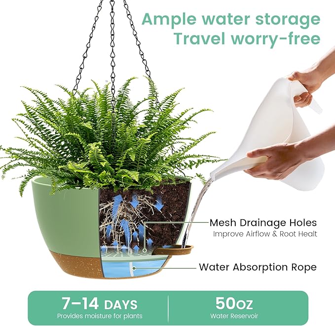 13 Inch 2 Pack Large Self Watering Hanging Planters for Indoor Outdoor Plants, Hanging Plant Pots with Removable 50 Oz Reservoir, Plastic Hanging Basket for Window Porch Garden, Green with Brown