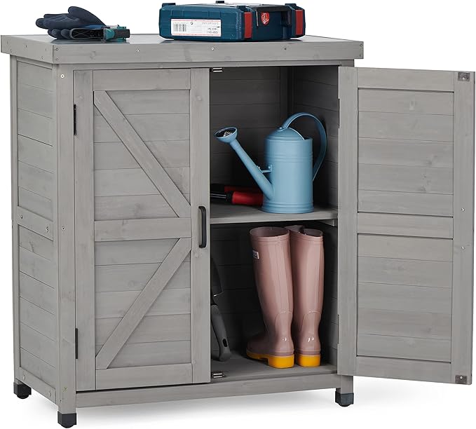 Outdoor Potting Bench with Storage Cabinet and Metal Top, Wood Workstation for Outdoor Patio, Garden (Dark Grey, 31x17x36‘’)