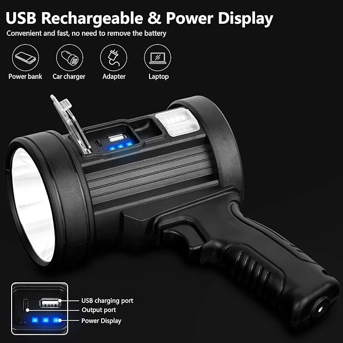 MIXILIN Rechargeable Spotlight, 99,000 Lumens Handheld Hunting Flashlight Led Spot Light with Cob Light and Solar Panels, Lightweight and Super Bright Spotlight for Hunting Boating Camping