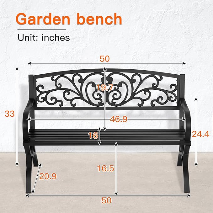 Patio Garden Bench 50 inch Outdoor Metal Loveseat Chairs with Armrests Slatted Seat and w/Floral Design Backrest for Park, Yard, Porch, Lawn, Balcony, Backyard, Black