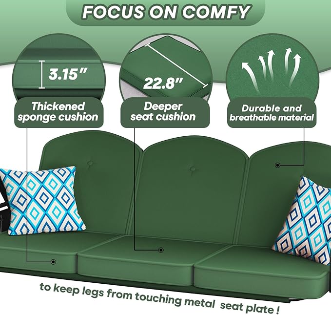 3 Seat Outdoor Porch Patio Swing with Stand 800lbs 2-in-1 Convertible Swing Bed with Adjustable Canopy & Removable Cushion for Yard Garden Deck (Green, Square Tube)