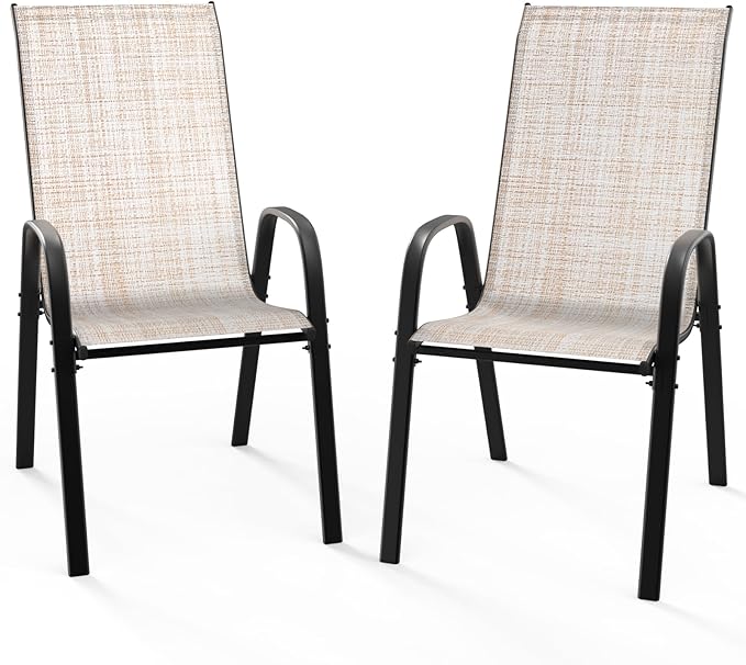 VINGLI Patio Chairs Set of 2 – Stackable Outdoor Dining Chairs with Comfortable Sling High Back Chairs and Armrests for Lawn, Poolside, Courtyard, Balcony, Garden, Yellow