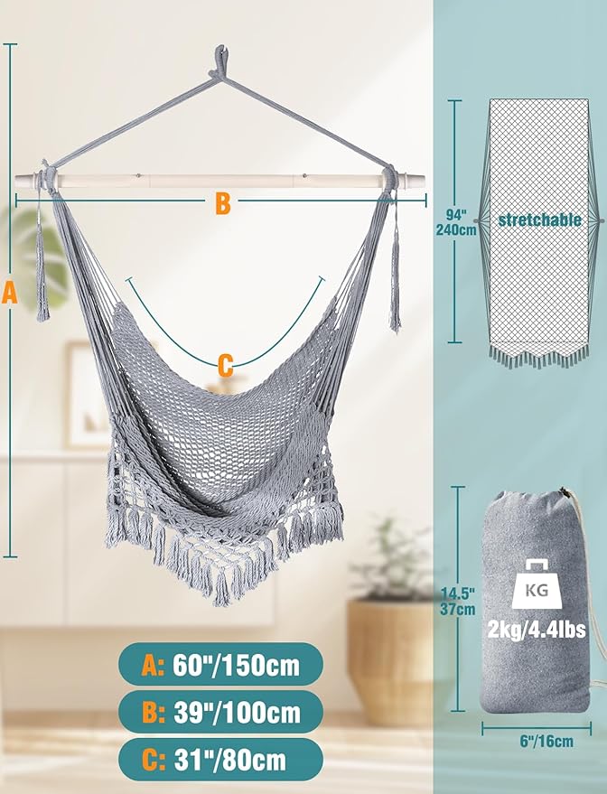 Chihee Hammock Chair Super Large Soft-Spun Cotton Rope Weaving Hanging Chair, Collapsible Strong Metal Spreader Bar Wide Seat Lace Stretch Swing Chairs Indoor Outdoor Garden Yard Theme Decoration
