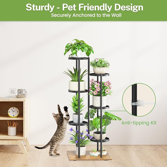 iDavosic.ly 6 Tier Plant Stand Indoor Outdoor, Tiered Corner Multiple Flower Pot Holder Shelf, Metal 44 Inch Tall Display Rack for Patio Porch Living Room Garden Balcony, Modern Black & Rustic Brown