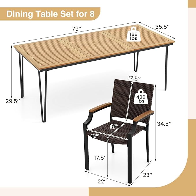 Tangkula 9 Piece Patio Dining Set, 79” Rectangular Outdoor Dining Table with Acacia Wood Top & Umbrella Hole, 8 Stackable Rattan Armchairs, for Backyard Garden Poolside